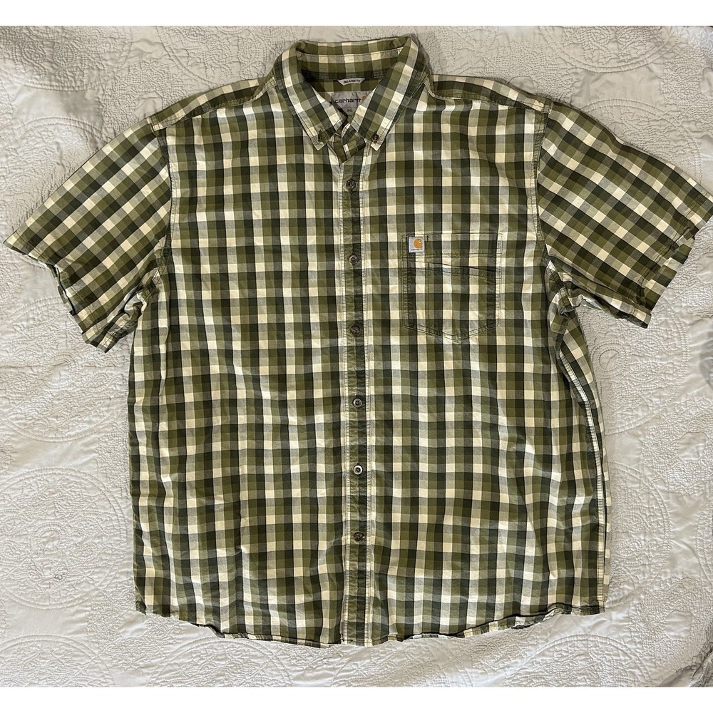 Carhartt Men Short Sleeve Button‎ Down Shirt Relaxed Fit Checkered Pocket Sz 2xl
